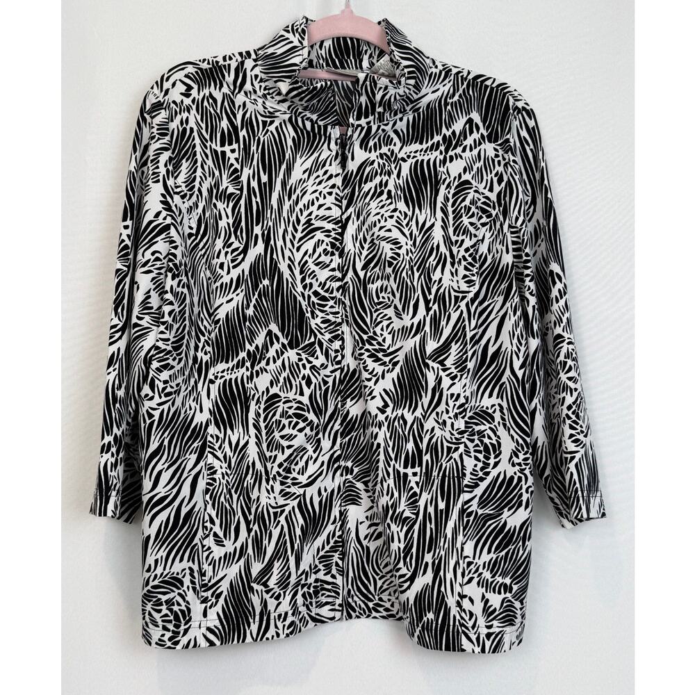 Zenergy by Chicos Womens Animal Print Zip Up Jacket Size L Black White Statement